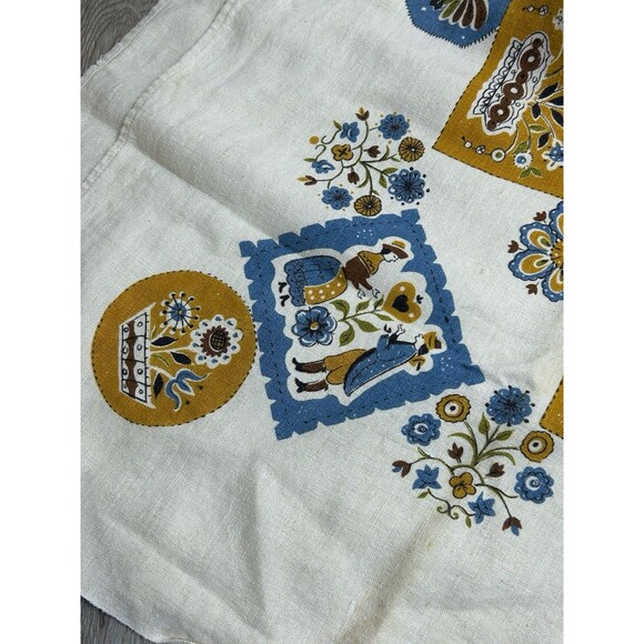 Vintage 47” Square Linen Tablecloth Blue Yellow Floral PA Dutch Style Stained - Picture 6 of 7
